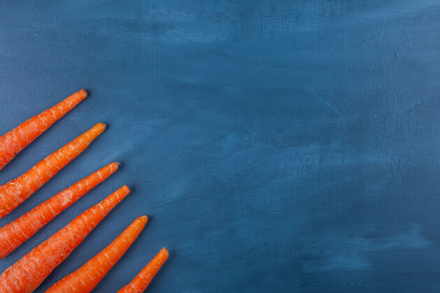 生的美味的新鲜成熟的胡萝卜放在蓝色的表面上收获美味胡萝卜