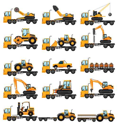 拖拉机不同类型的建筑卡车黄色卡车推土机