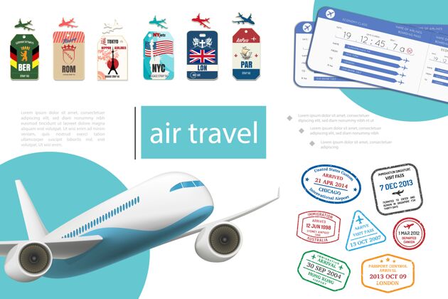 邮票现实的航空旅行概念与不同国家的机票标签和邮票现实标签航空