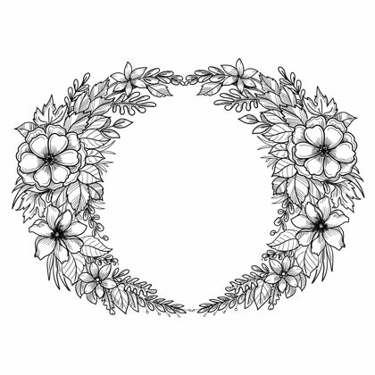 装饰美丽的婚礼圆形花框素描设计开花素描花束
