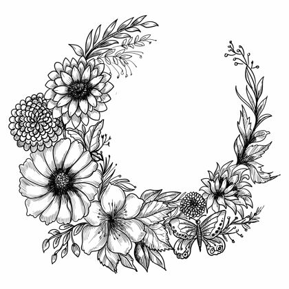 春天手绘花卉装饰素描框架设计花束开花植物学