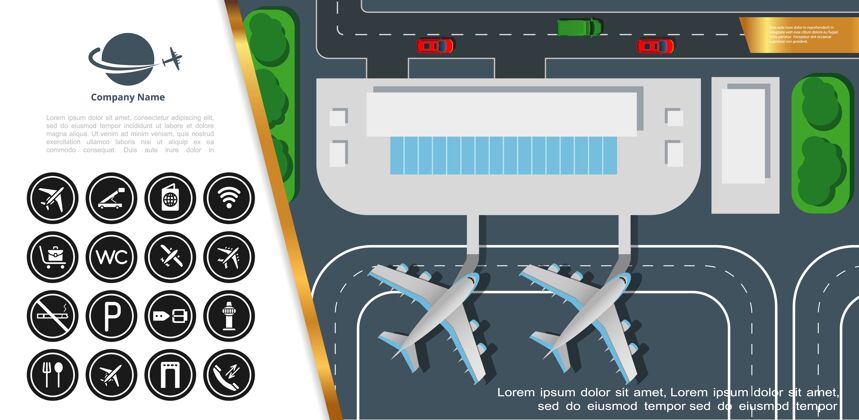机场平面机场彩色顶视图与航站楼飞机跑道和机场图标插图插图顶部飞机