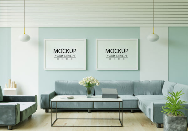 公寓客厅模型中的海报框架花三维渲染现代室内