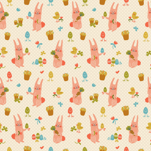 欢乐多彩的复活节快乐无缝图案与可爱的粉红色兔子花鸡和蛋涂鸦矢量插图瓷砖季节兔子