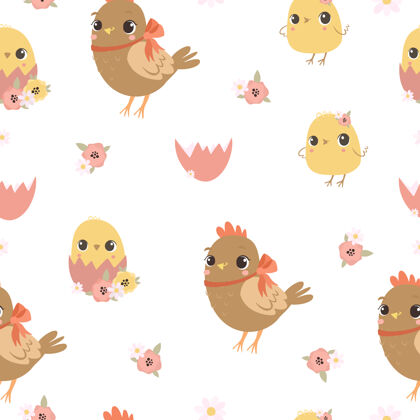 无缝图案与鸡和鸡无缝模式复活节花动物