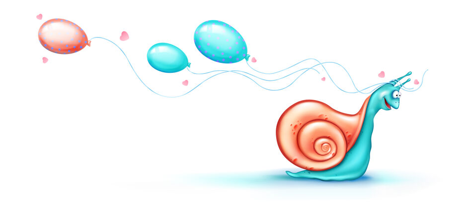 漫画可爱的蜗牛爬着气球庆祝螺旋螺旋
