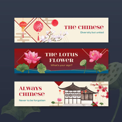 起重机横幅模板与快乐中国新年概念设计与广告和营销水彩插图亚洲莲花灯笼