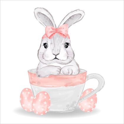 复活节兔子水彩画粉红蛋兔春天可爱装饰
