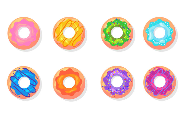包装彩色甜甜圈平面项目集的俯视图平底草莓营养