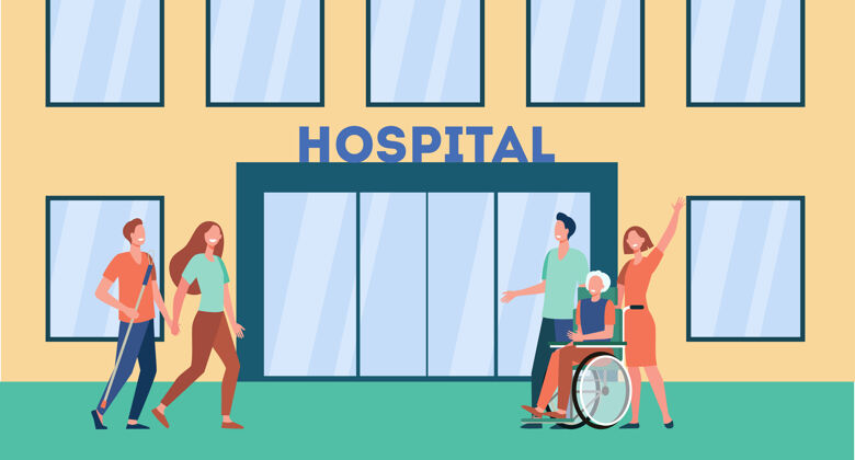 关系病人和他们的亲属在医院门前卡通插图男性患者外部