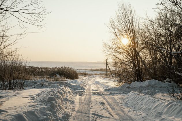 全景雪冬的日落景色景色自然冬天