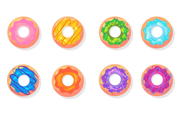 包装彩色甜甜圈平面项目集的俯视图平底草莓营养