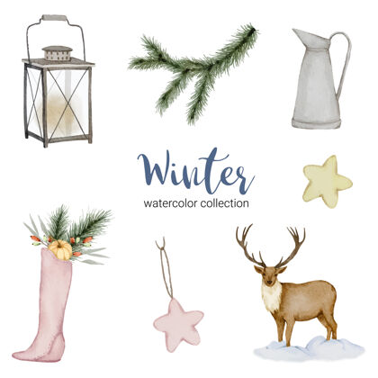 鹿冬季水彩系列 包括水壶 灯笼 鹿和鞋子花朵框架水彩