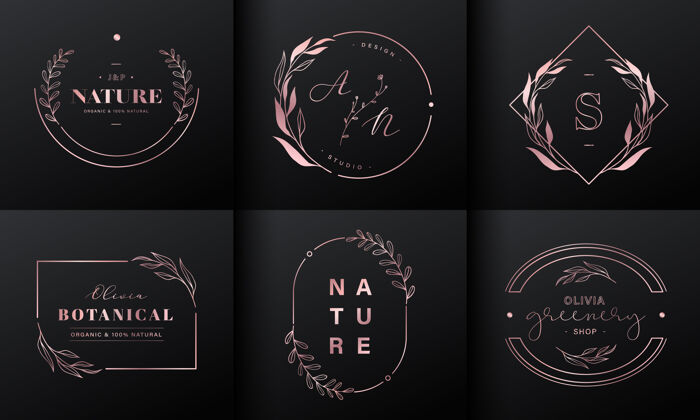 花卉豪华标志设计系列玫瑰金标志与首字母和花卉装饰品牌标志 企业形象和婚礼花押字设计品牌优雅框架