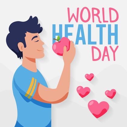 国际手绘世界卫生日插图与人类吃苹果健康健康医疗保健