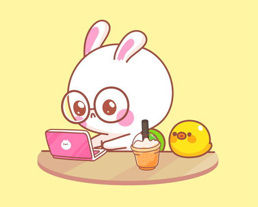宠物可爱的兔子和鸭子在笔记本电脑上工作卡通插图坐着动物兔子