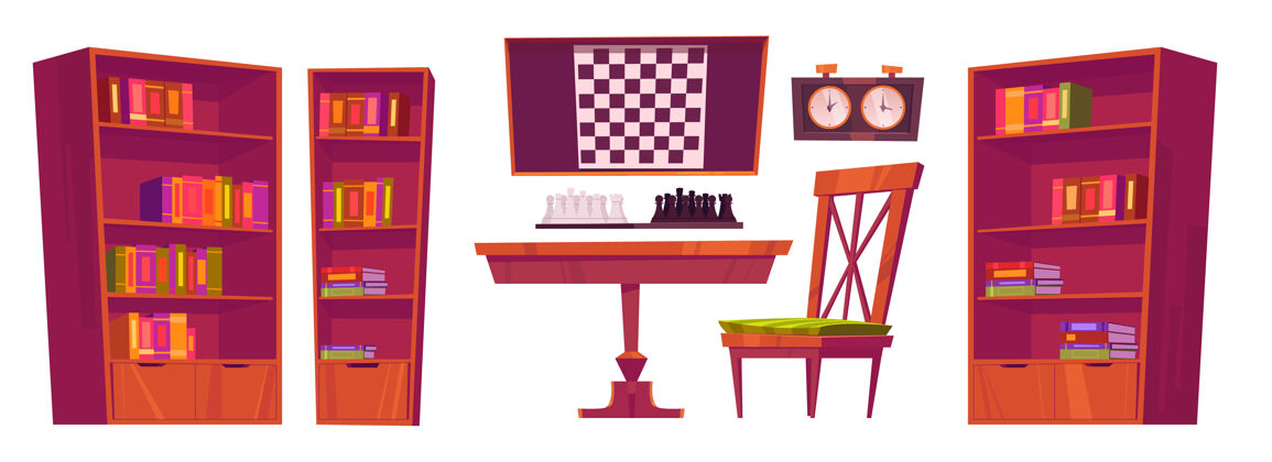 策略国际象棋俱乐部内部配有棋盘 棋子和时钟家具数字爱好