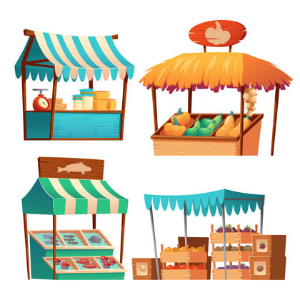商业菜市场摊位上有蔬菜 奶酪和鱼在柜台上和板条箱里传统农场水果