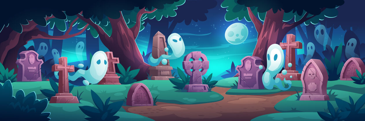 自然晚上有鬼魂的墓地幽灵纪念月亮