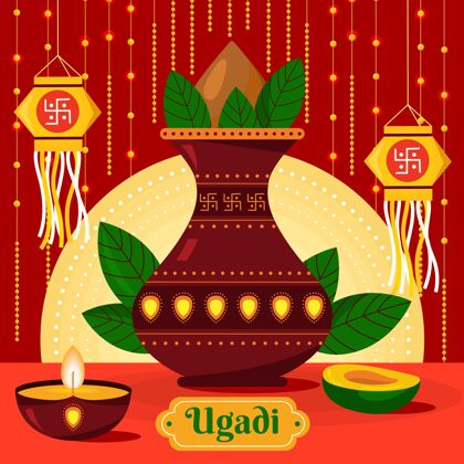 印度平面设计ugadi庆典活动插图乌加迪