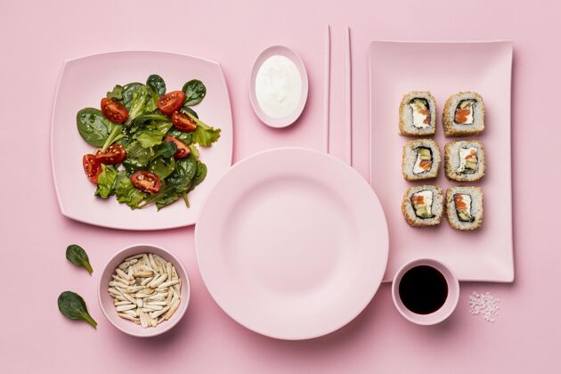 美食灵活的饮食与寿司以上的看法安排俯视图水平