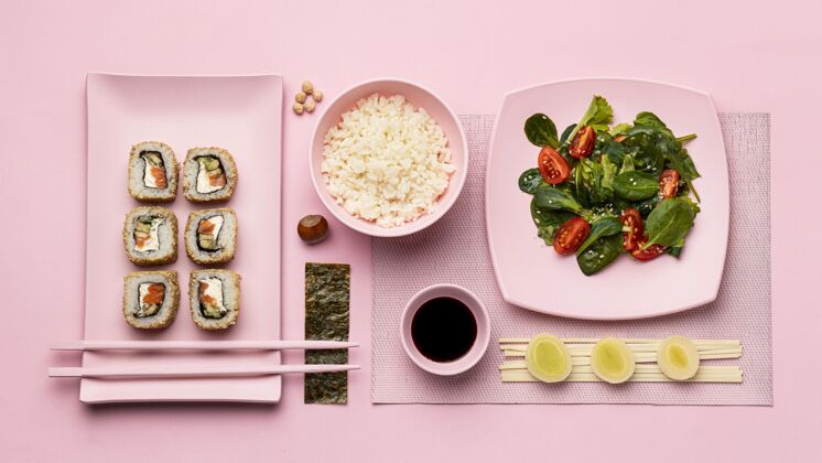 食物顶视图灵活饮食寿司和沙拉饮食美味分类