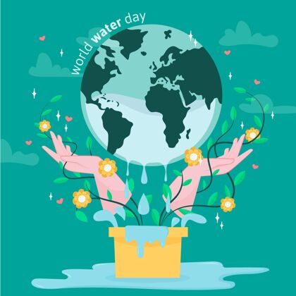 插图手绘世界水日插图与行星和鲜花意识庆祝国际