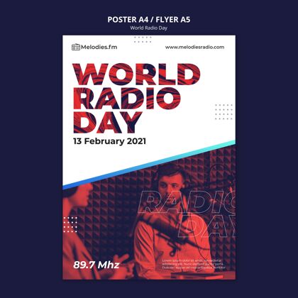 全球世界广播日海报模板与男播音员庆典广播国际