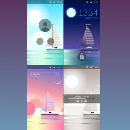 用户体验移动壁纸游艇海洋海水风景平面风格电话彩色小部件