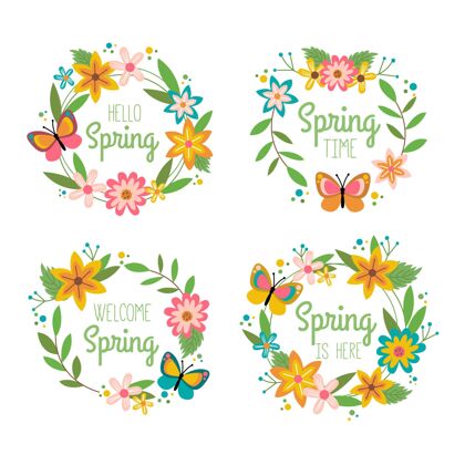花卉春季标签系列收集花环绘图