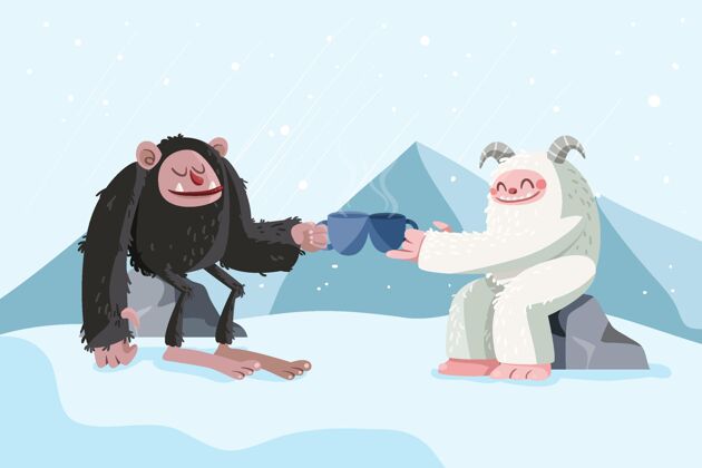 插图手绘大脚大脚怪和雪人可爱的雪人插图饮料手绘野兽