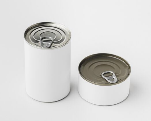 罐头食品顶视图锡罐排列在桌子上标签可以模型几何