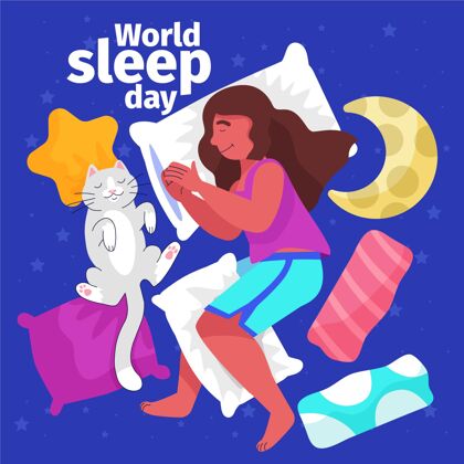 睡眠手绘世界睡眠日插图与熟睡的女人和猫意识女人手绘