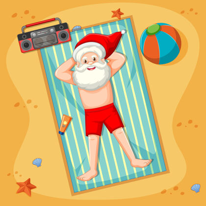 Holiday圣诞老人在沙滩上享受夏日的阳光浴WarmcertificationHuman