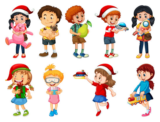 人类一组不同的孩子玩他们的玩具卡通人物隔离在白色背景上快乐学校人物