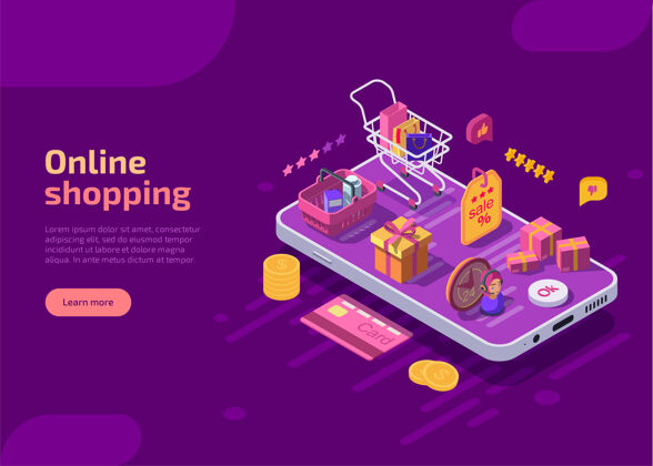 技术网上购物等轴测登陆页模板 网页上的紫色背景横幅盒子数码业务