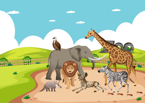 狩猎动物园里一群非洲野生动物的场景植物动物卡通