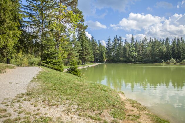 云在斯洛文尼亚的诺瓦瓦斯 你好 格兰平湖的家伙绿色阳光安静