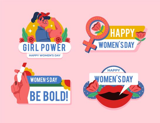 国际国际妇女节标签套装标签妇女节快乐3月