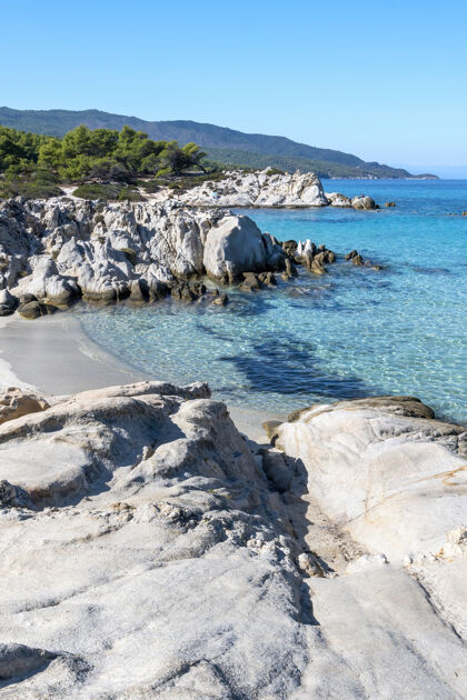 山爱琴海沿岸绿树成荫 岩石 灌木和树木 蓝色的海水 希腊爱琴海海湾希腊