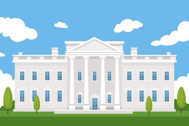 政治平面设计的白宫前视图和树木首都地标