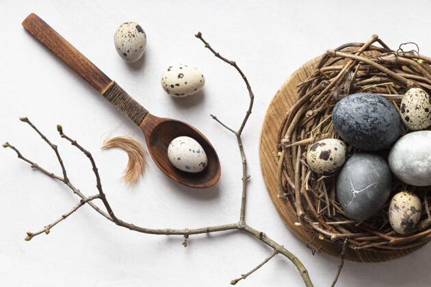 纪念用木勺和树枝把复活节彩蛋平放在鸟巢里复活节庆祝帕夏
