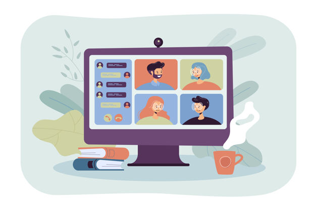 技术通过视频会议平面插图在线会议的人卡通小组的同事在虚拟集体聊天期间锁定缩放桌面人