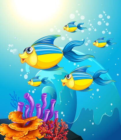 外面许多异国情调的鱼卡通人物在水下的背景场景礁石动物