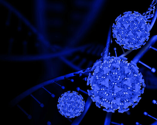 科学一个带有dna链和Covid19细胞的黑暗医学的3d渲染渲染遗传学实验