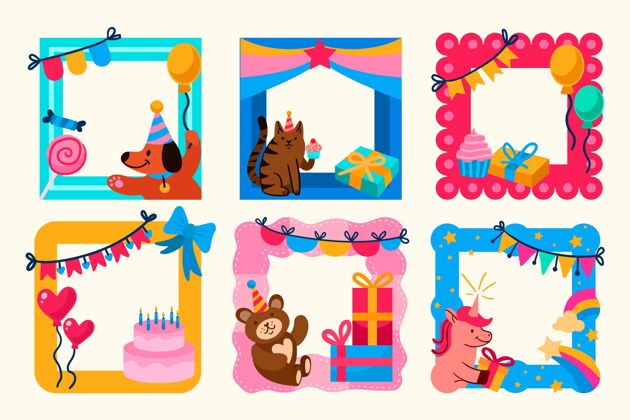 问候彩色手绘生日拼贴框架庆祝套装卡片