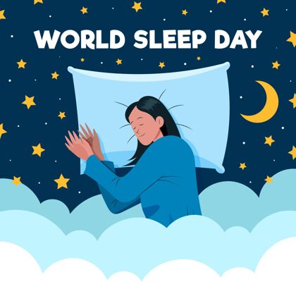 枕头手绘世界睡眠日插图与妇女休息女士床全球