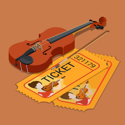 纸张小提琴经典管弦乐队音乐会音乐表演签到票预订平面等距预订弓乐器