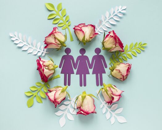 节日妇女节带玫瑰的纸女人的顶视图反歧视日意识妇女节