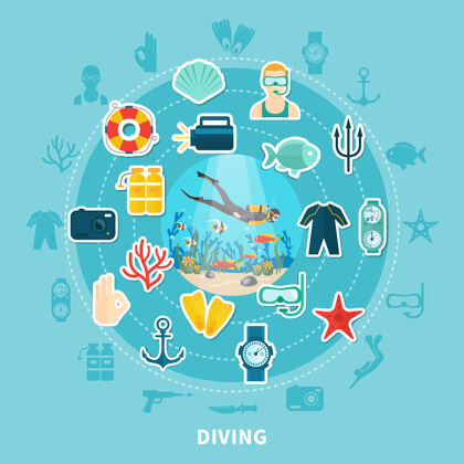 鳍潜水圆与潜水设备 救生圈和水下野生动物组成手势贝壳面具